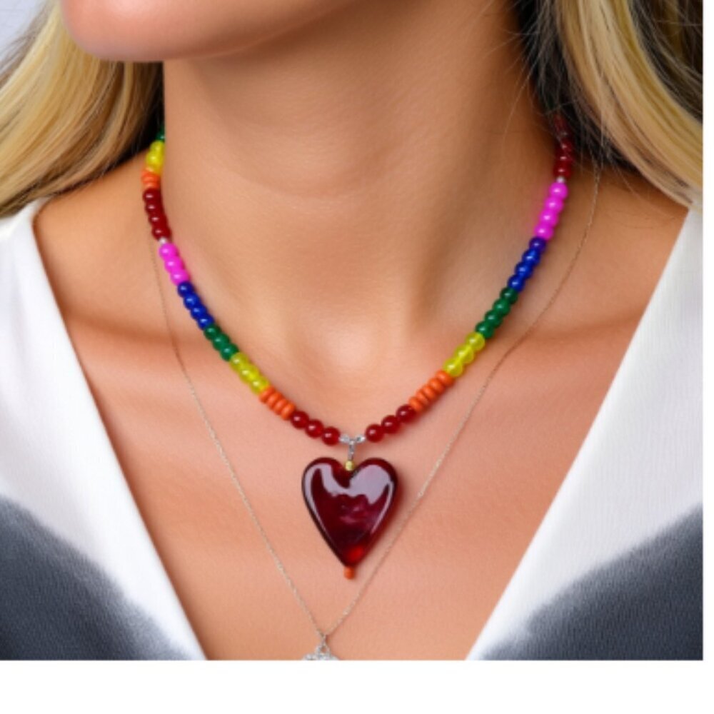 Rainbow Colors Gay Pride LGBTQ Chunky heart with glass & crystal beads (WJW010)